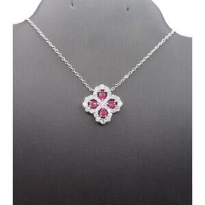 Flower Silver Necklace Simulated Ruby CZ Pendant 16"+2" Extender